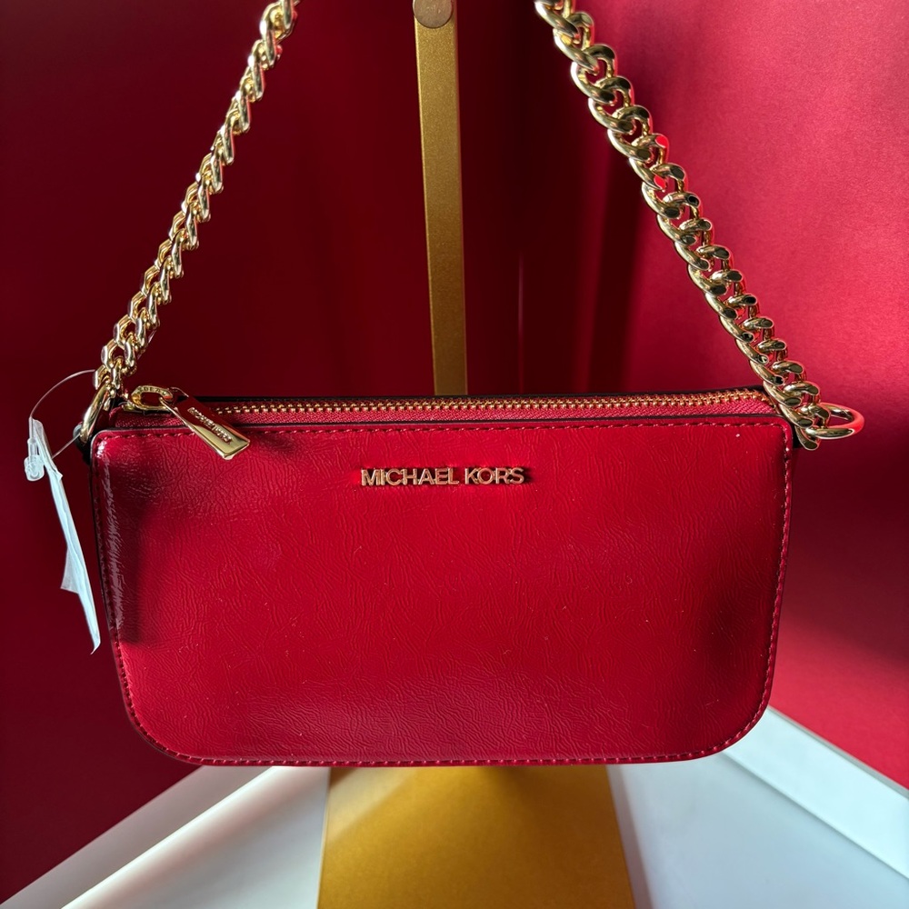 MICHAEL KORS jet set medium red leather pouchette bag NWT - Picture 2 of 10